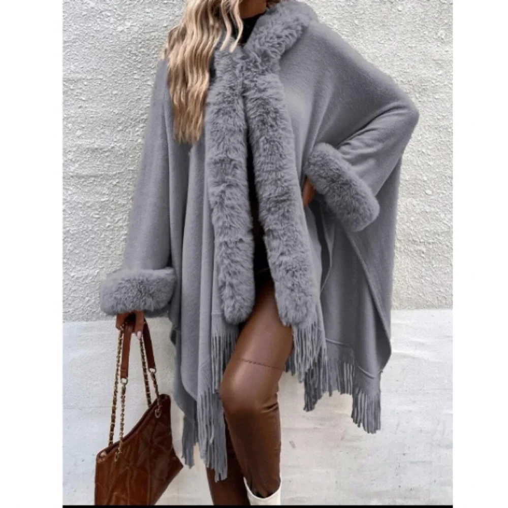 Cozy vegan fur dolman sleeve tssel poncho shawl scarf wrap cardigan - Picture 15 of 16